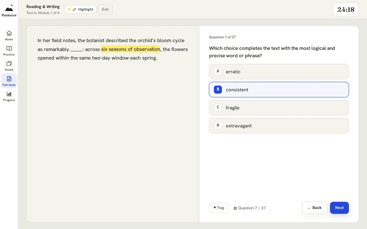 A Peakscor full-length test in progress: Reading and Writing, Test A, Module 1 of 4, question 7 of 27, with the passage, four answer choices, a highlighter, a 24:18 timer and Flag, Back and Next buttons.